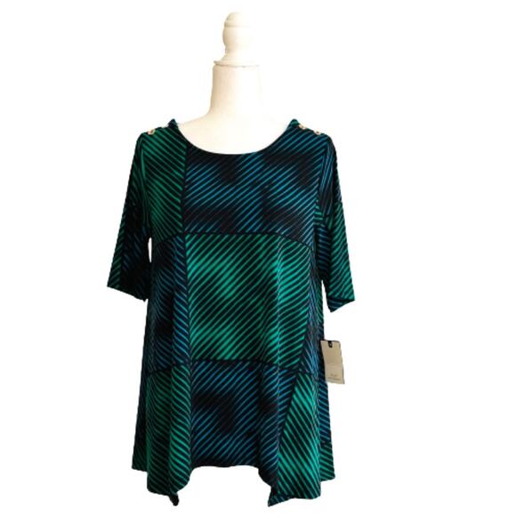 Dana Buchman Tunic Top Green Blue Black Geo Print Scoop Neck Short Sleeve Medium - Picture 12 of 12
